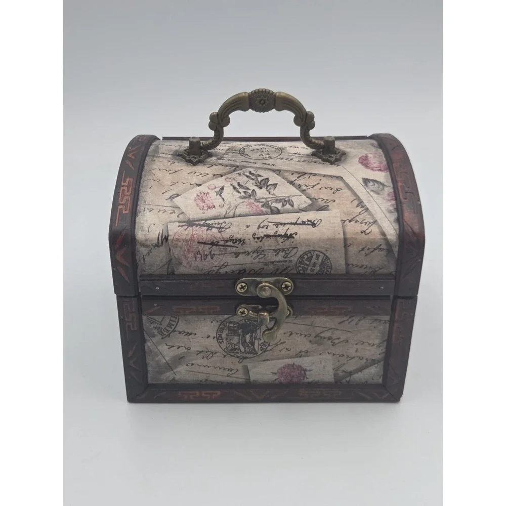 Vintage Wooden Jewelry Box Rose Peony And Script Design Storage box 7''
